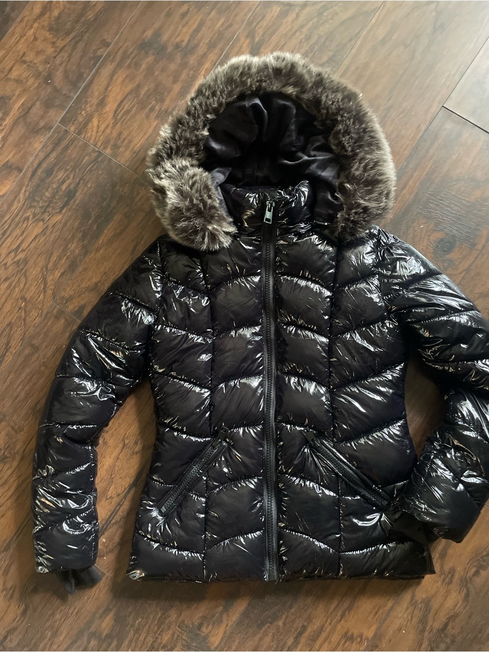 Women’s Shiny Black Puffer Jacket with removable Faux Fur Hood